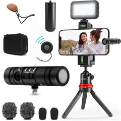 Movo iVlog-Interview iPhone Vlogging Kit with DoubleMic Phone Mount Tabletop Tripod and Light - Ideal Content Creator Kit for iPhone